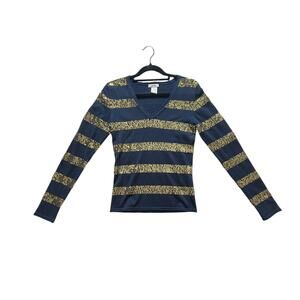 Women’s S Cache VTG Y2K Silk Cashmere Striped Sequin Top Blue Gold Sparkly GUC